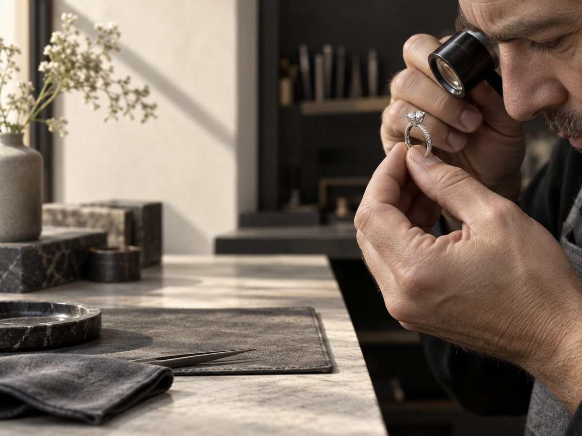 Jeweller inspecting a natural diamond ring