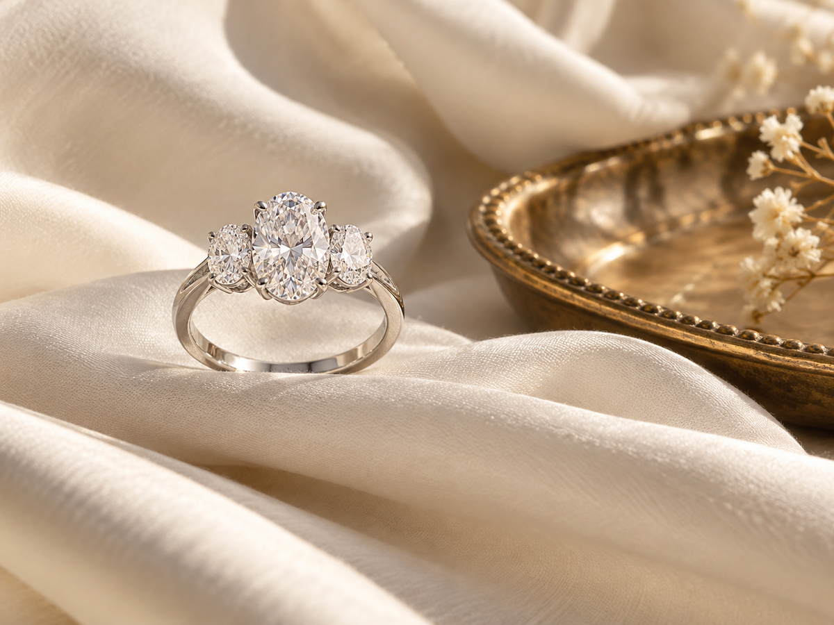 Natural diamond ring on ivory silk