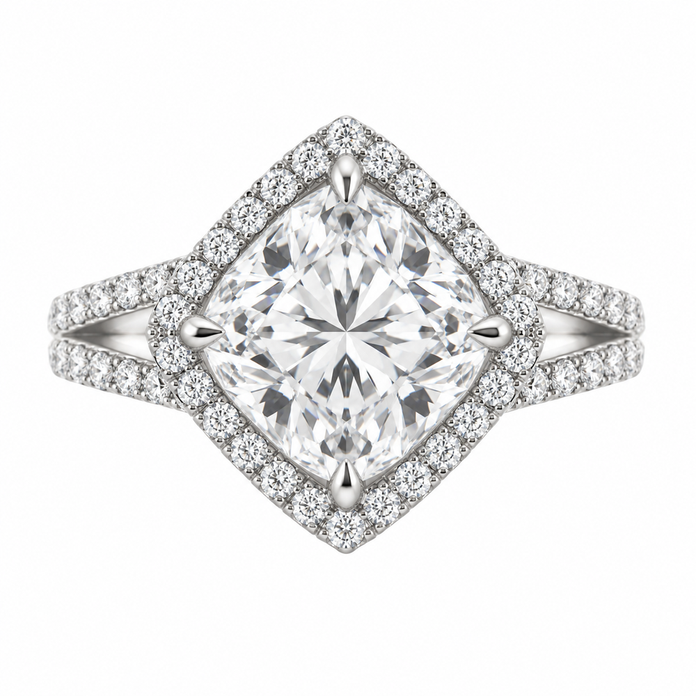The Odette — 2.25ct Kite-Set Cushion Halo natural diamond ring, straight top-front view