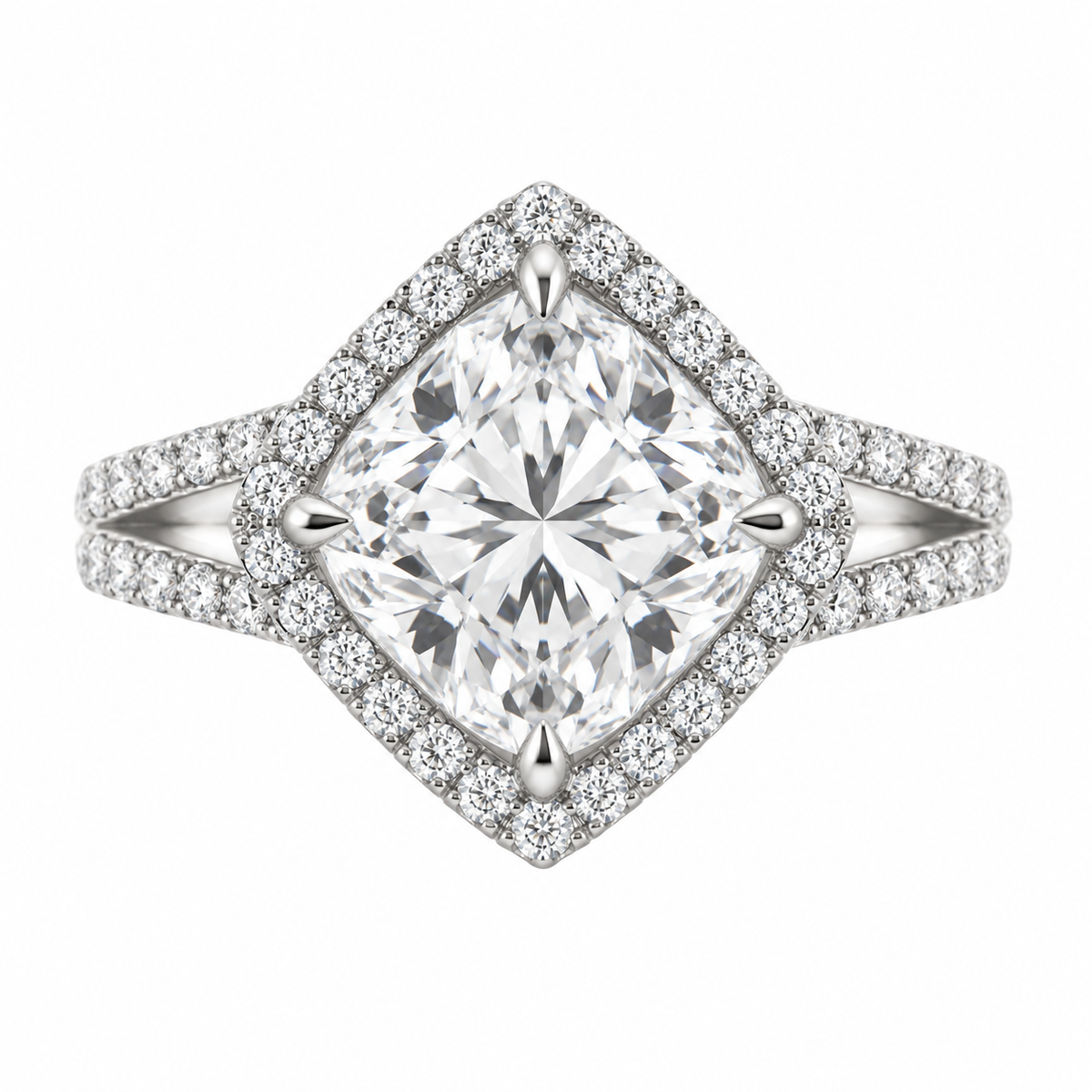 The Odette — 2.25ct Kite-Set Cushion Halo natural diamond ring, straight top-front view